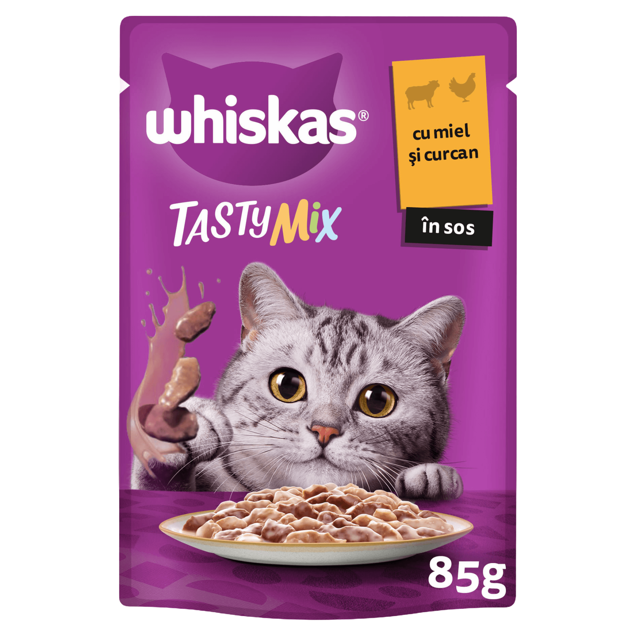Hrana umeda pentru pisici adulte Whiskas Tasty Mix cu miel si curcan in sos, 85 g