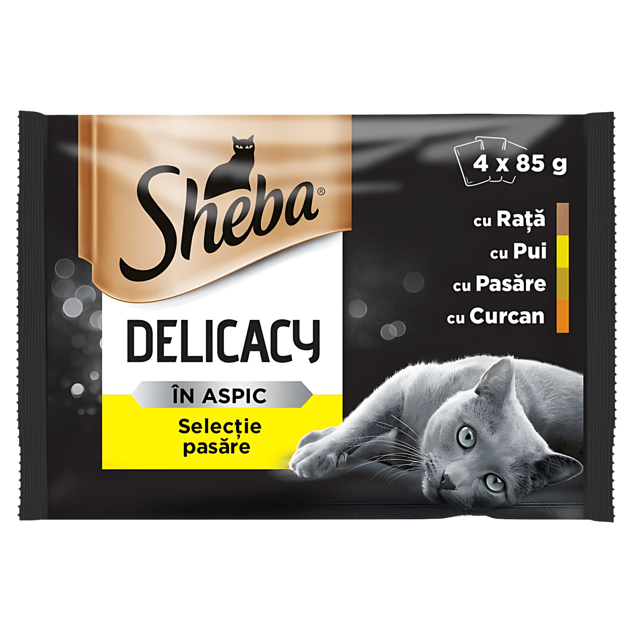 Hrana umeda pentru pisici adulte Sheba Fine Flakes, selectii de pasare in aspic, 4 x 85 g