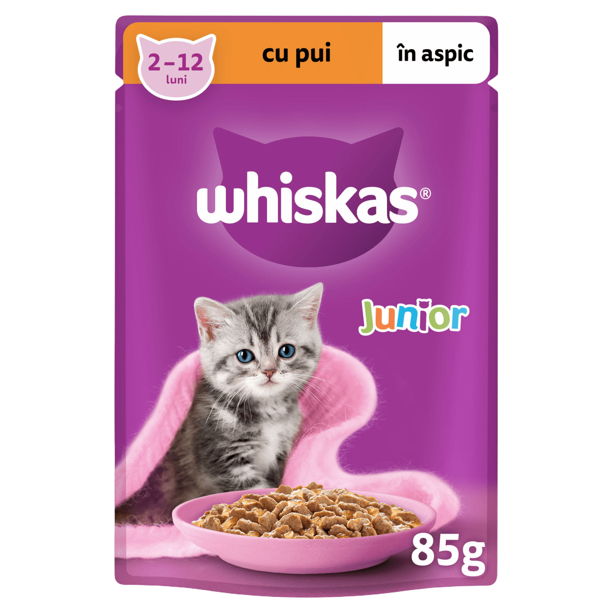 Hrana umeda pentru pisici junioare Whiskas Junior cu pui in aspic, 85 g