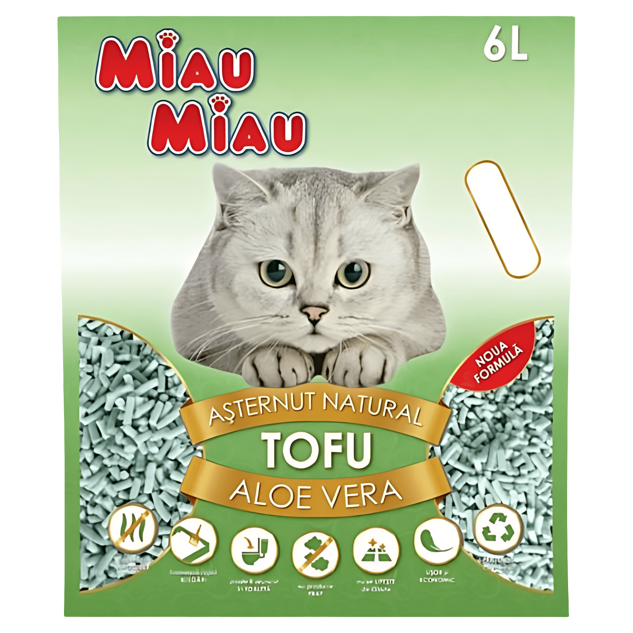 Asternut igienic pentru pisici Miau Miau, Tofu Aloe Vera, 6 l
