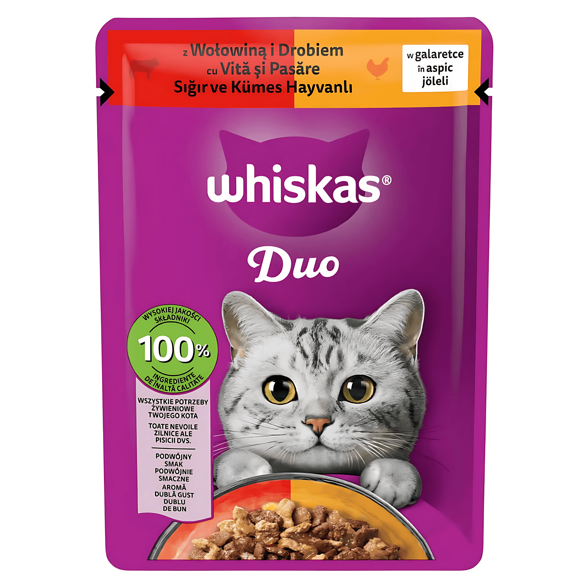 Hrana umeda pentru pisici Whiskas Duo, vita si pasare in aspic, 85 g