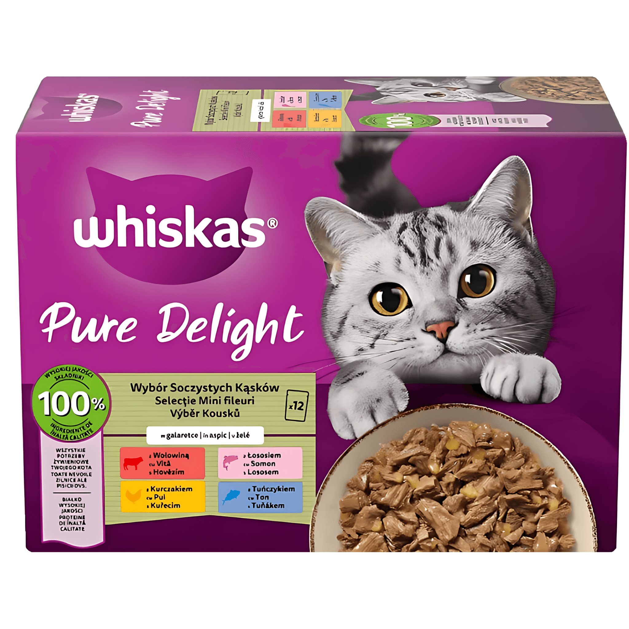 Hrana umeda pentru pisici Whiskas Pure Delight, vita, pui, somon si ton in aspic, 12 x 85 g
