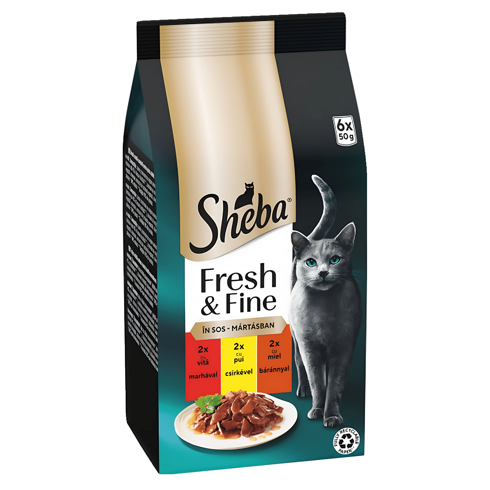 Hrana umeda pentru pisici adulte Sheba Fresh & Fine, vita, pui si miel, 6 x 50 g