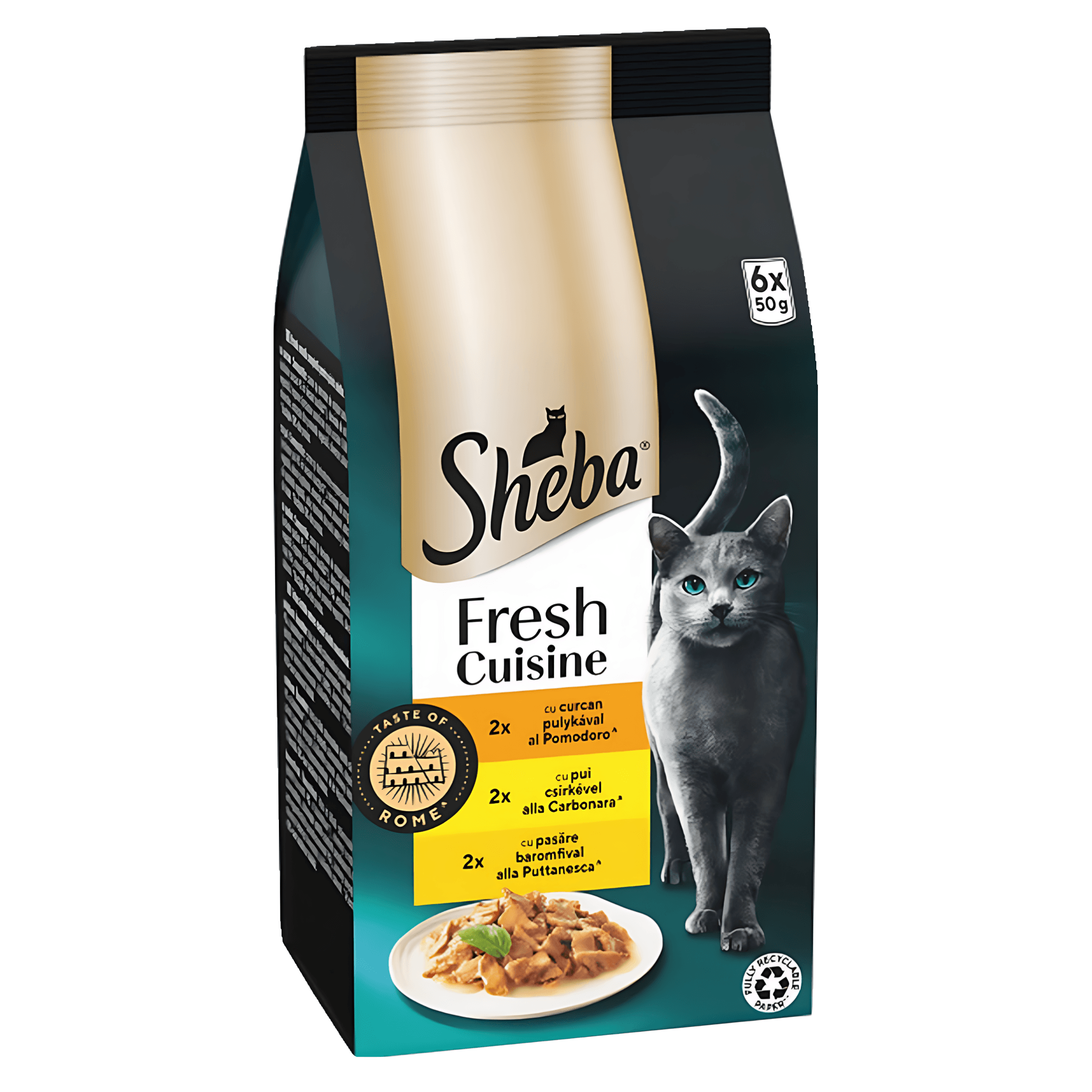 Hrana umeda pentru pisici adulte Sheba Fresh Cusine Taste of Rome, curcan, pui si pasare, 6 x 50 g