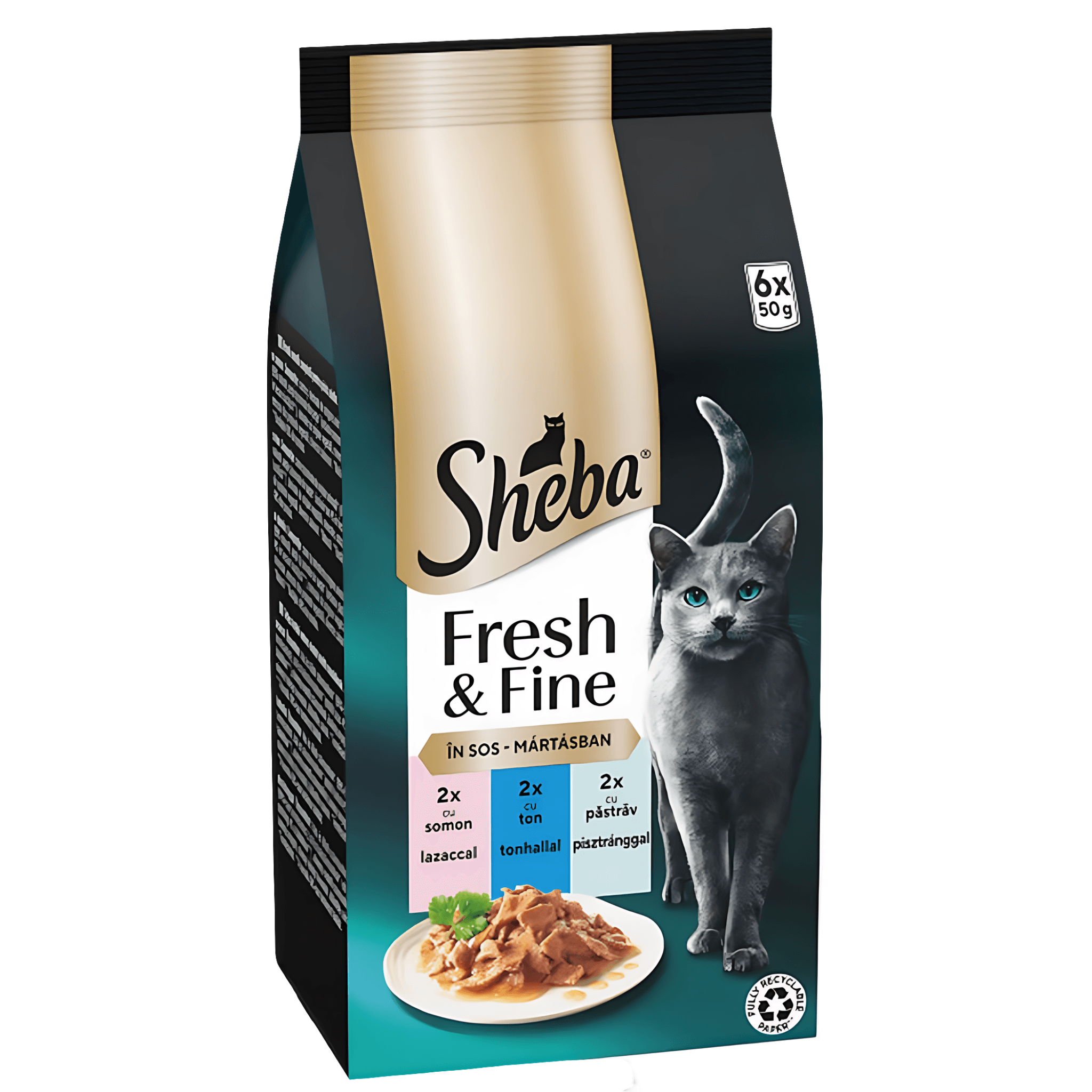 Hrana umeda completa pentru pisici adulte Sheba Fresh & Fine, somon, ton si pastav, 6 x 50 g
