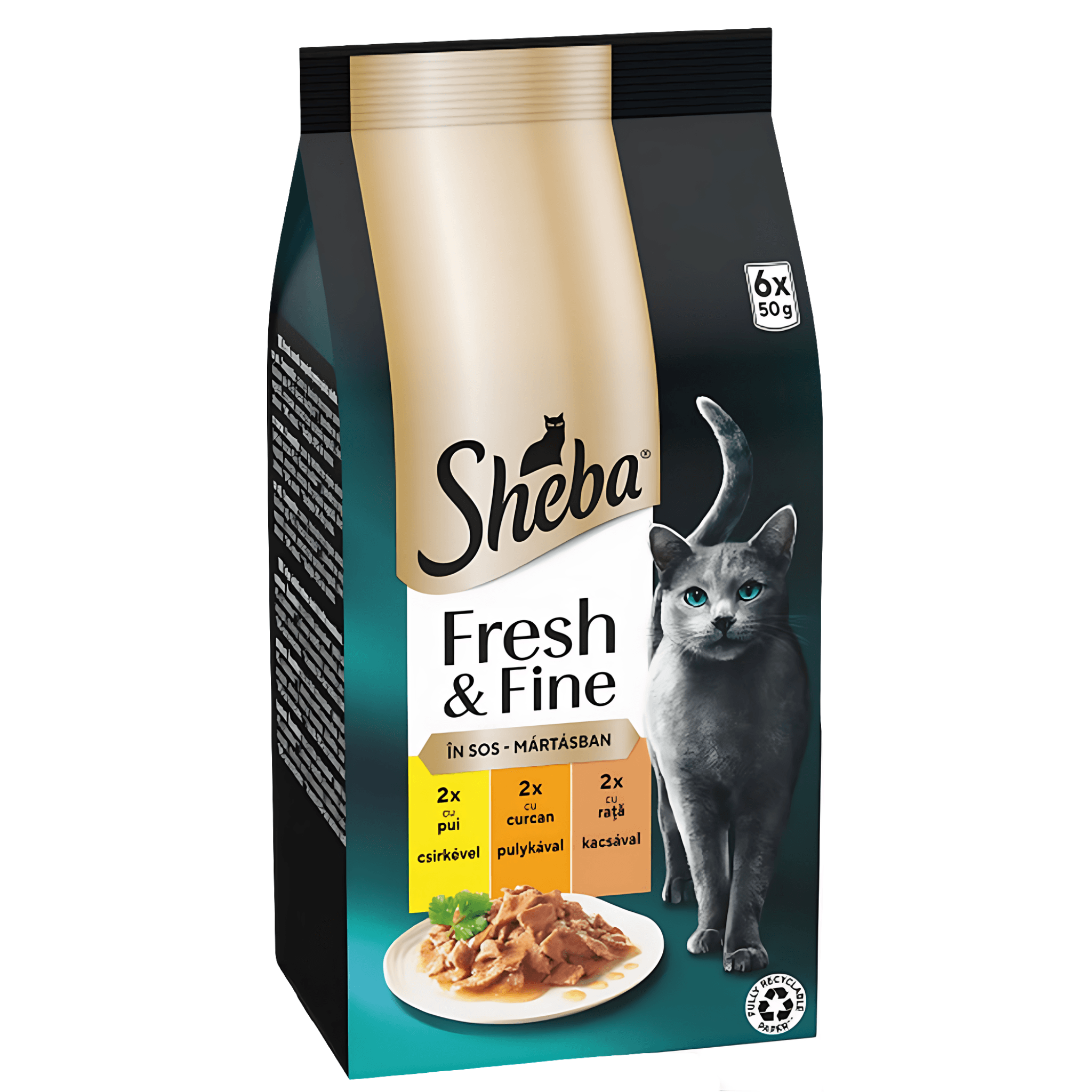 Hrana umeda pentru pisici adulte Sheba Fresh & Fine, pui, curcan si rata, 6 x 50 g