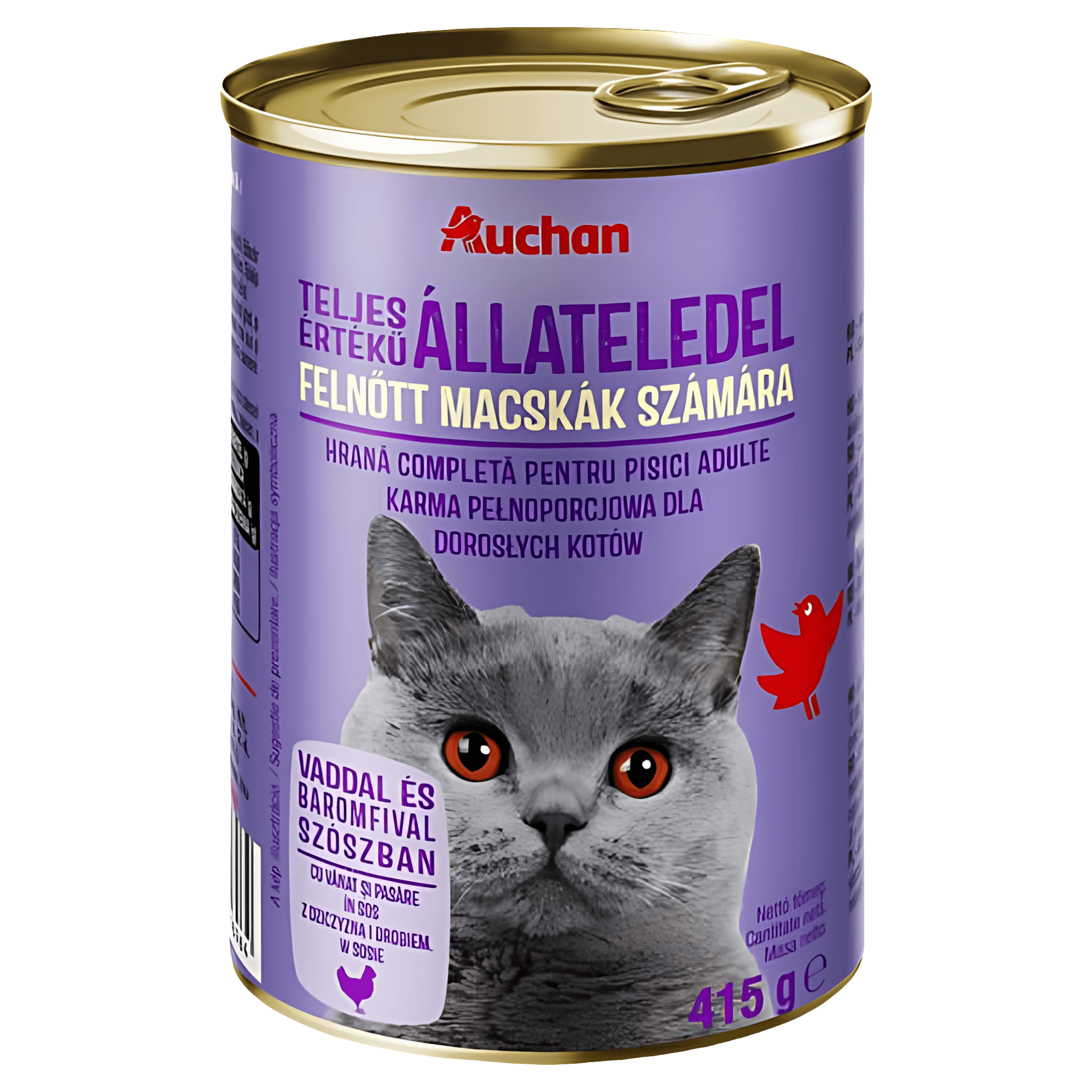 Hrana umeda in conserva pentru pisici Auchan, pasare si vanat, 415 g
