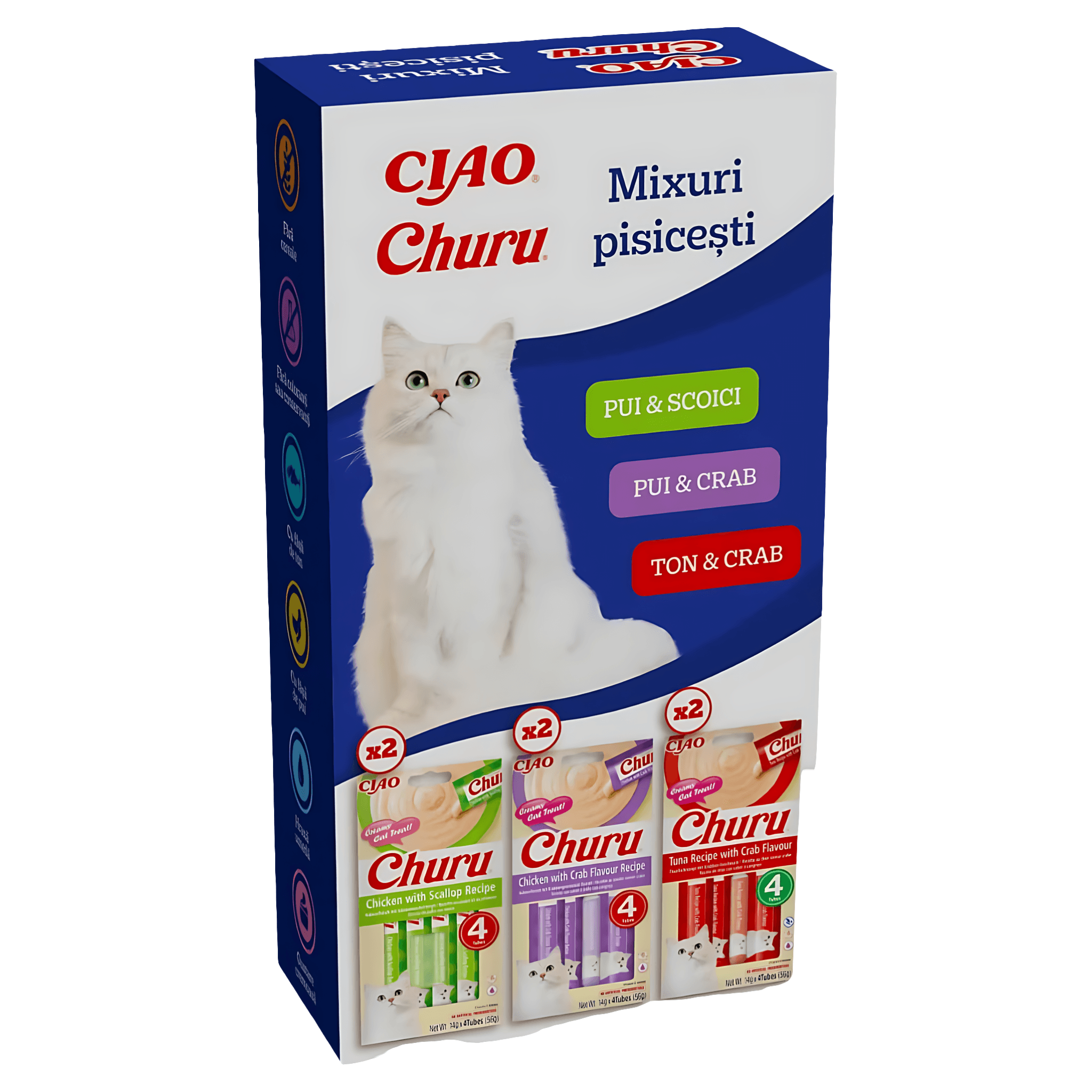 Recompense pentru pisici Churu mix cu pui, scoici, crab si ton, 336 g