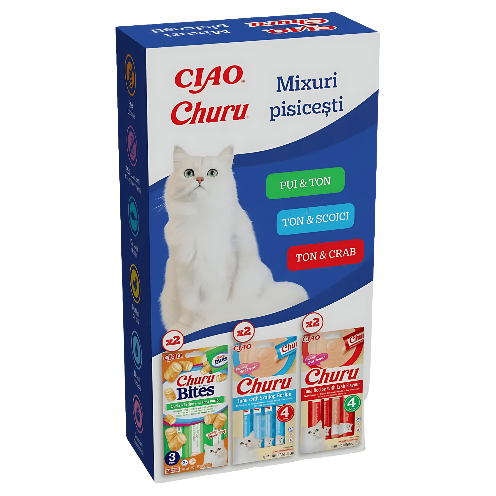 Recompense pentru pisici Churu mix cu pui, ton, scoici si crab, 284 g
