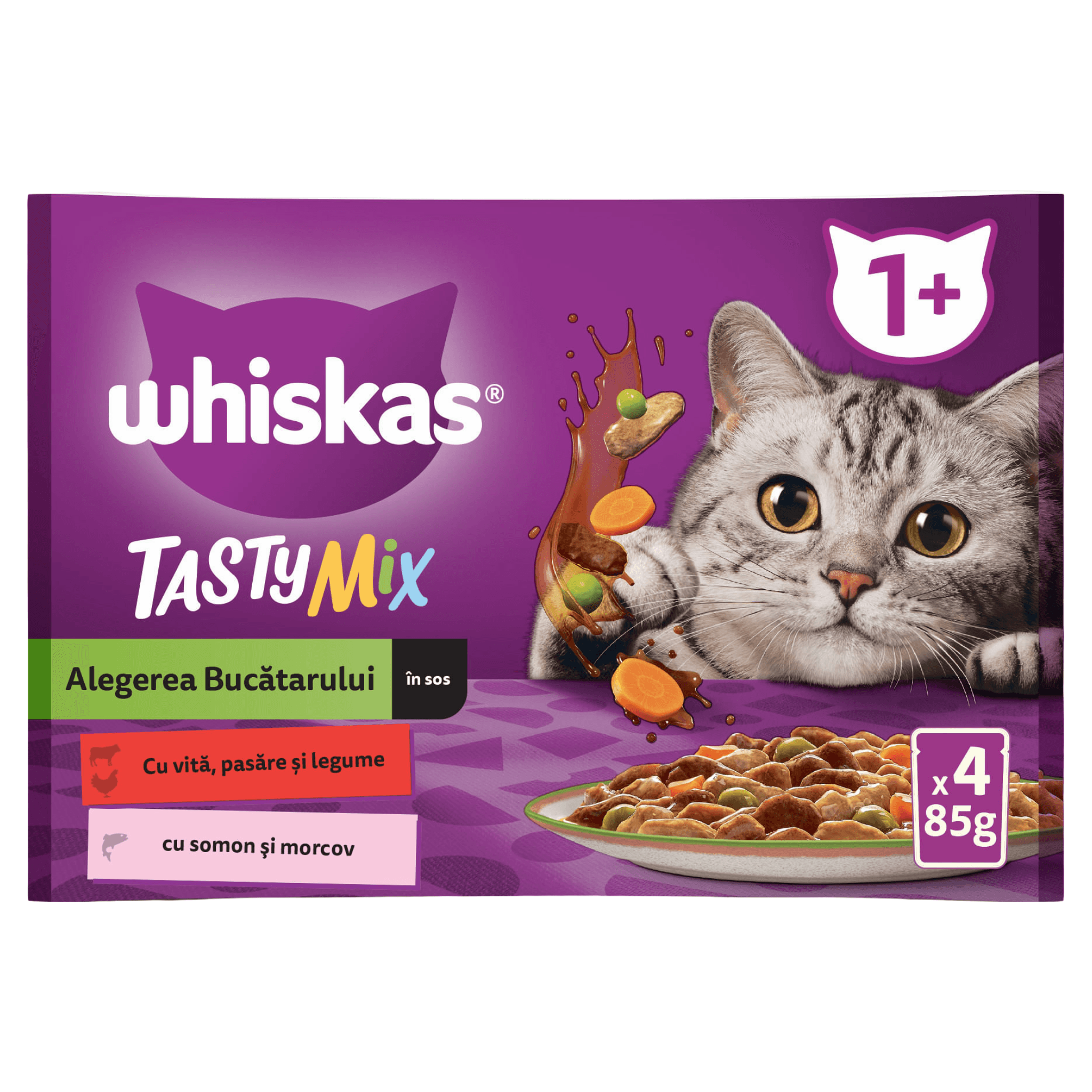 Hrana umeda pentru pisici adulte Whiskas Tasty Mix Chef's Choice, mix de carne si legume, 4 x 85 g