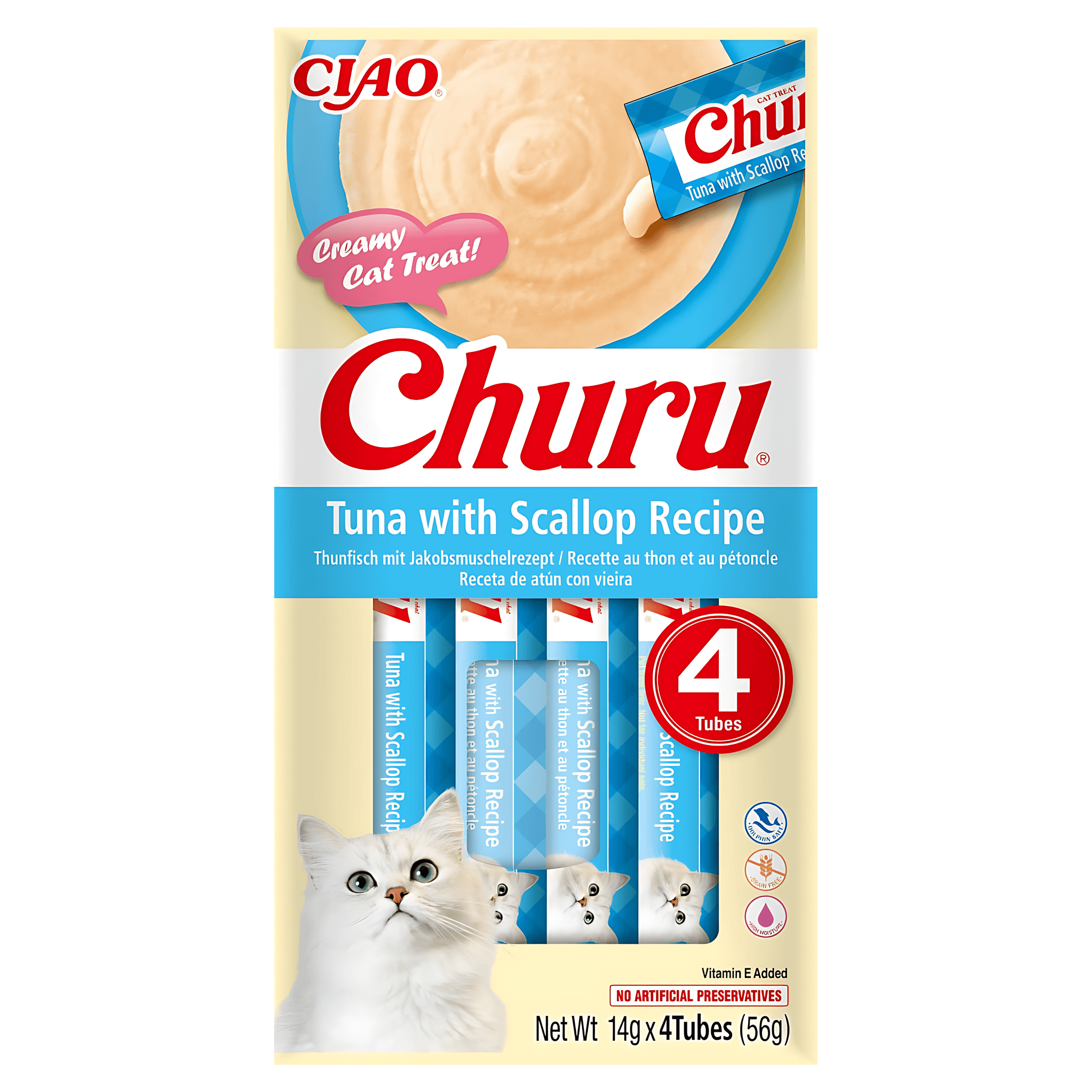 Recompense cremoase pentru pisici Inaba Churu, ton si scoici, 4 x 14 g