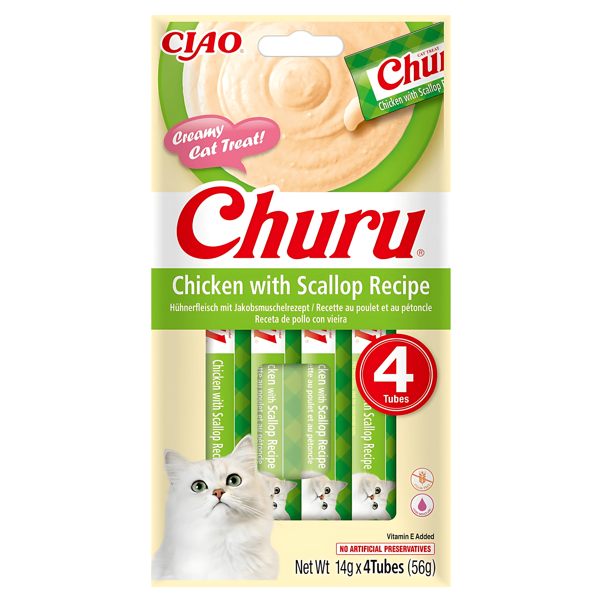 Recompense cremoase pentru pisici Inaba Churu, pui si scoici, 4 x 14 g