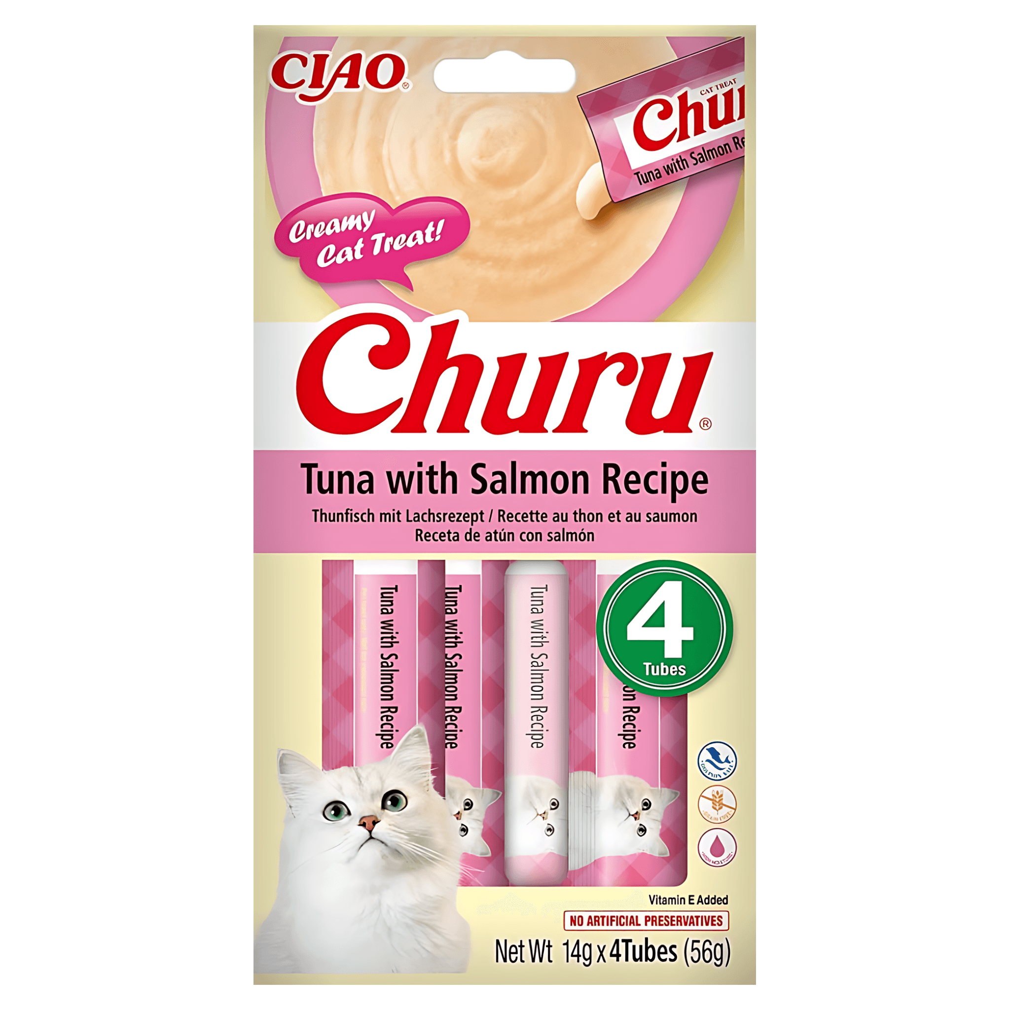 Recompense cremoase pentru pisici Inaba Churu, ton si somon, 4 x 14 g