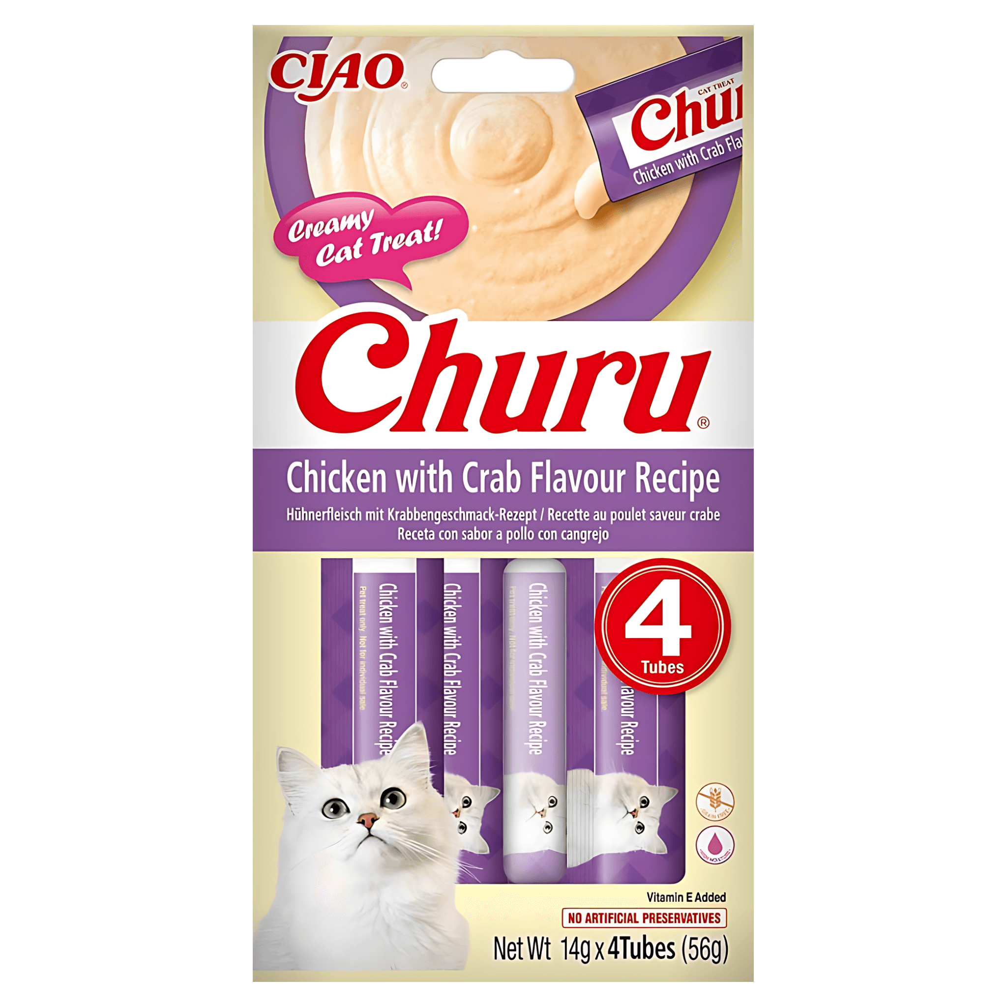 Recompense cremoase pentru pisici Inaba Churu, pui si crab, 4 x 14 g
