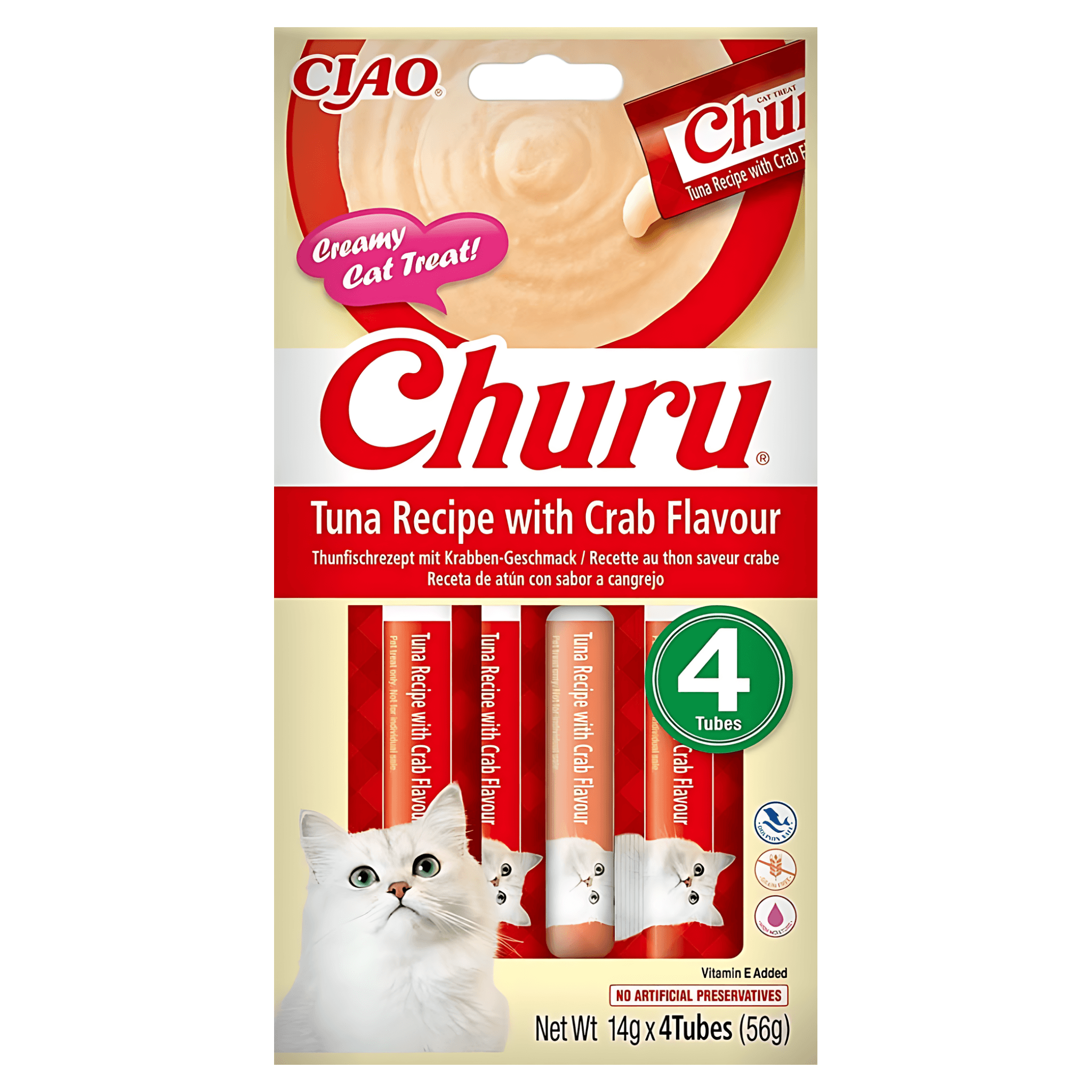 Recompense cremoase pentru pisici Inaba Churu, ton si crab, 4 x 14 g