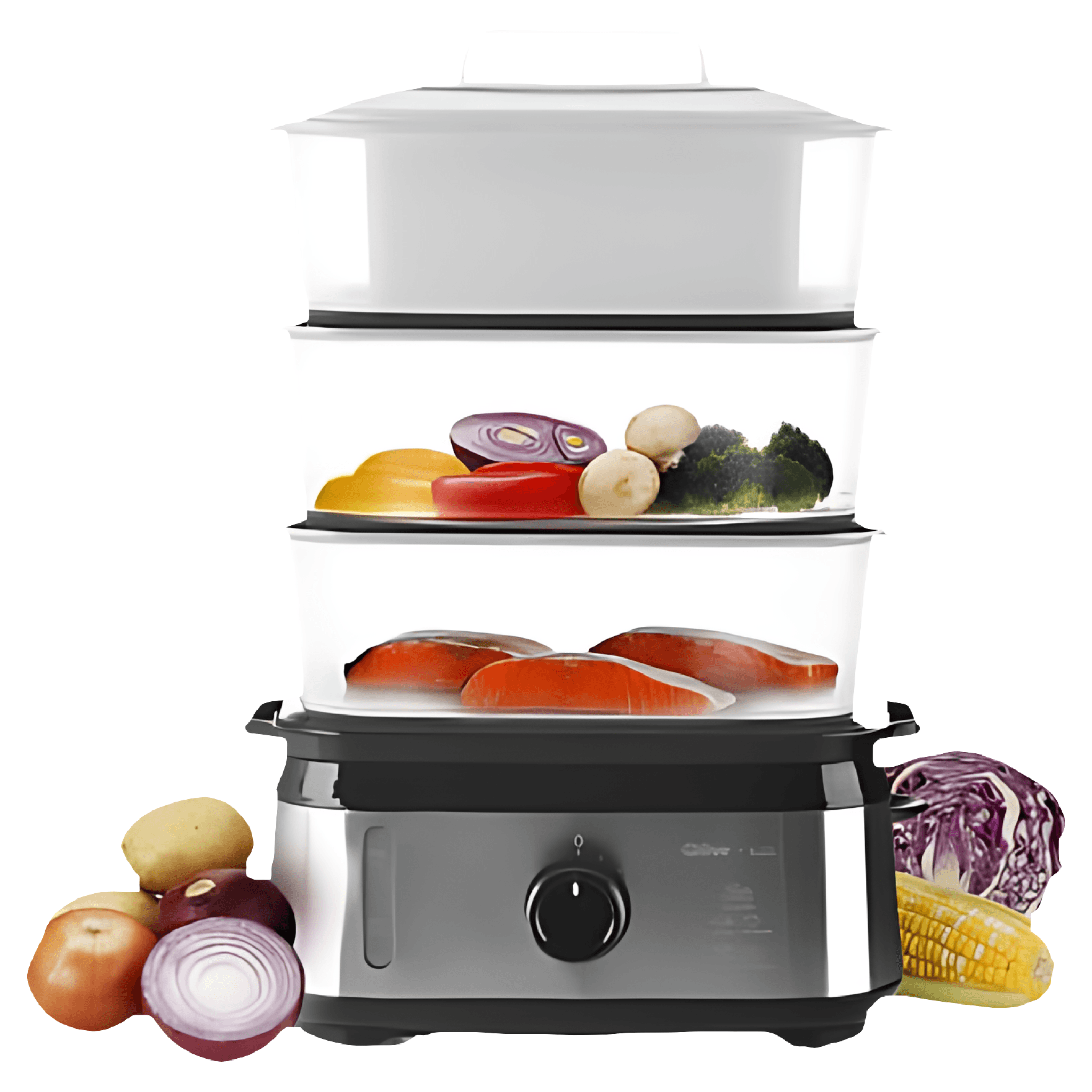 Aparat de gatit cu aburi Qilive Q.5756, 3 cosuri, capacitate maxima 9 l, alimentare externa cu apa