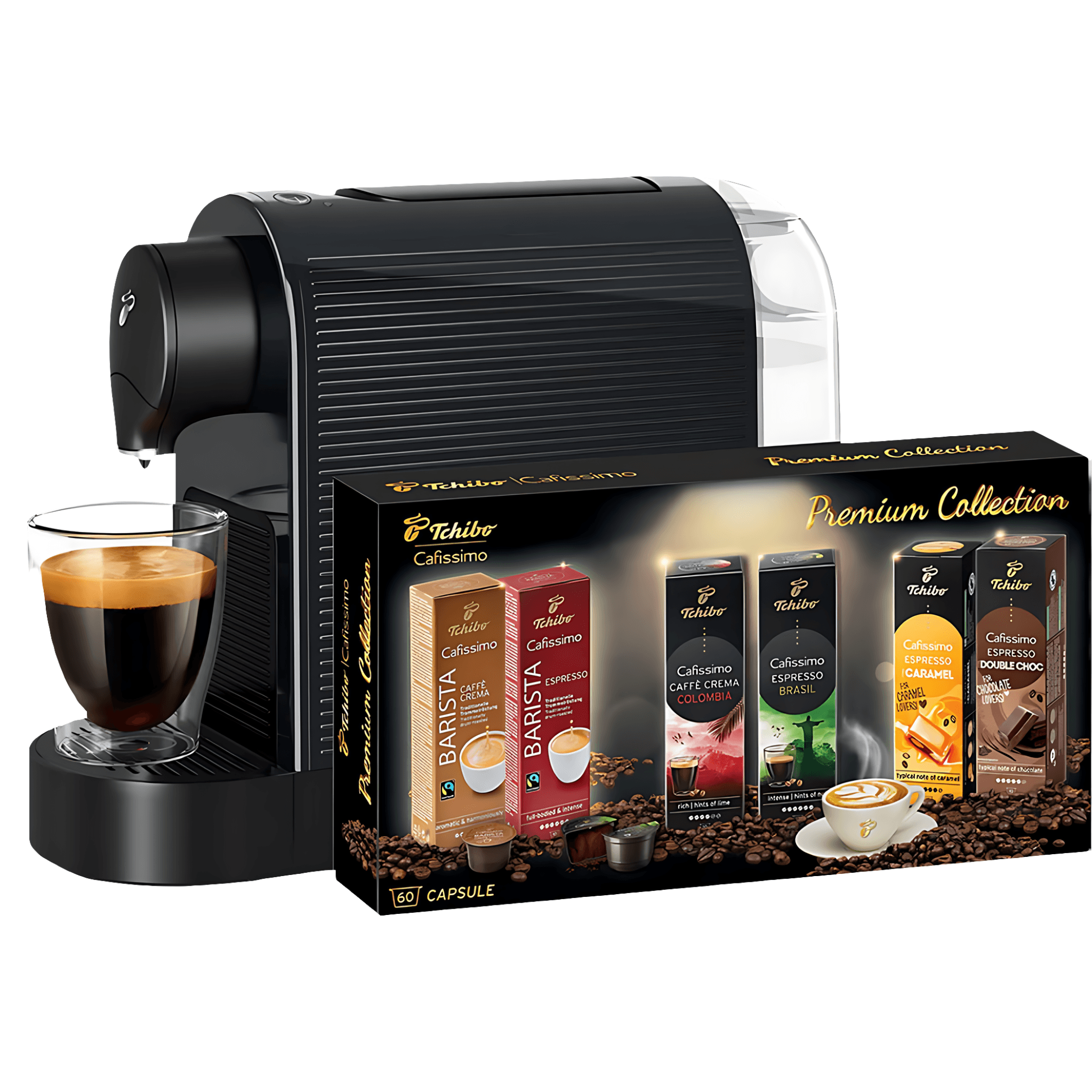 Pachet espressor Tchibo Cafissimo Pure Plus, negru + 60 capsule Premium Collection, 6 sortimente