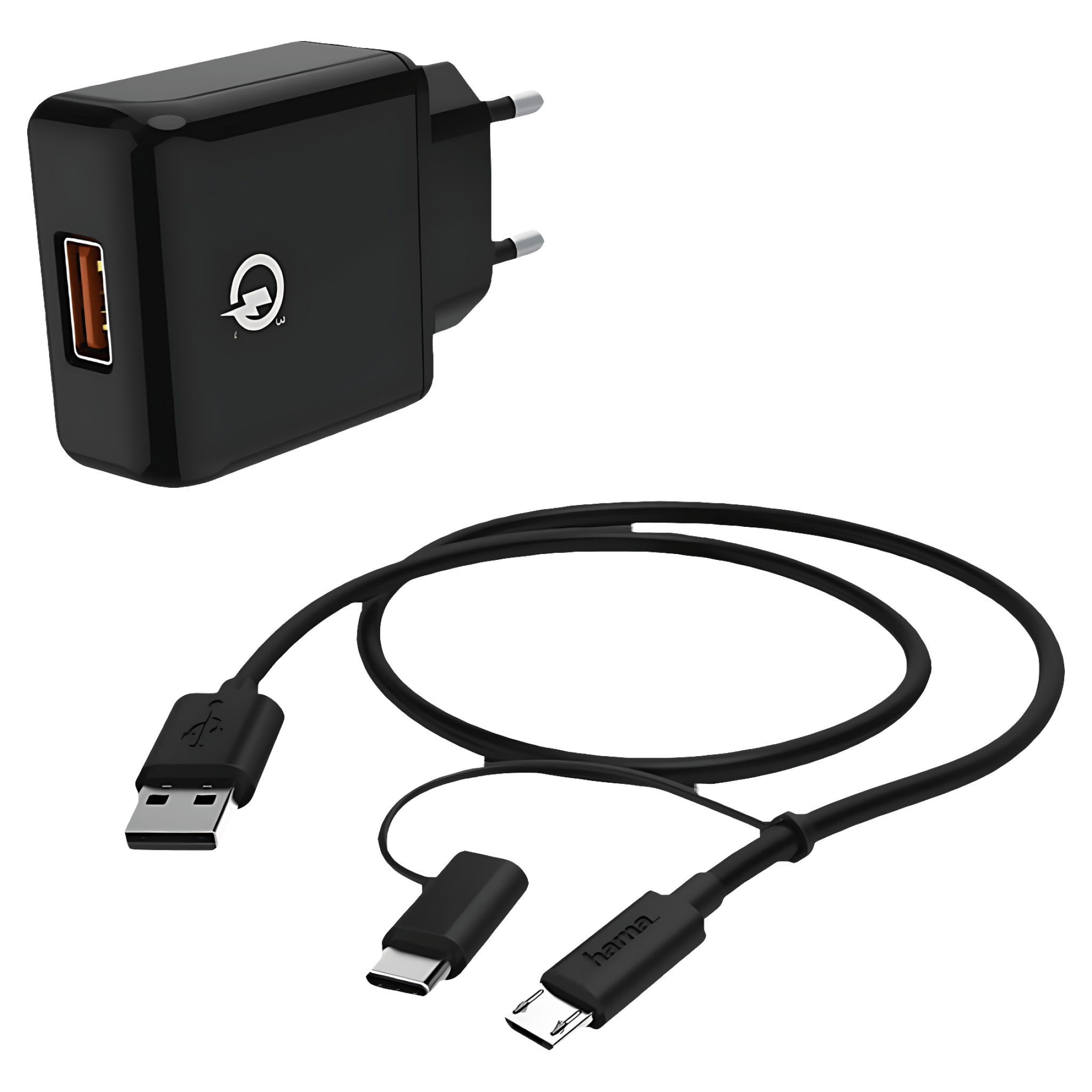 Incarcator 2in1 Hama, fast charge, micro-USB si USB-C, culoare negru