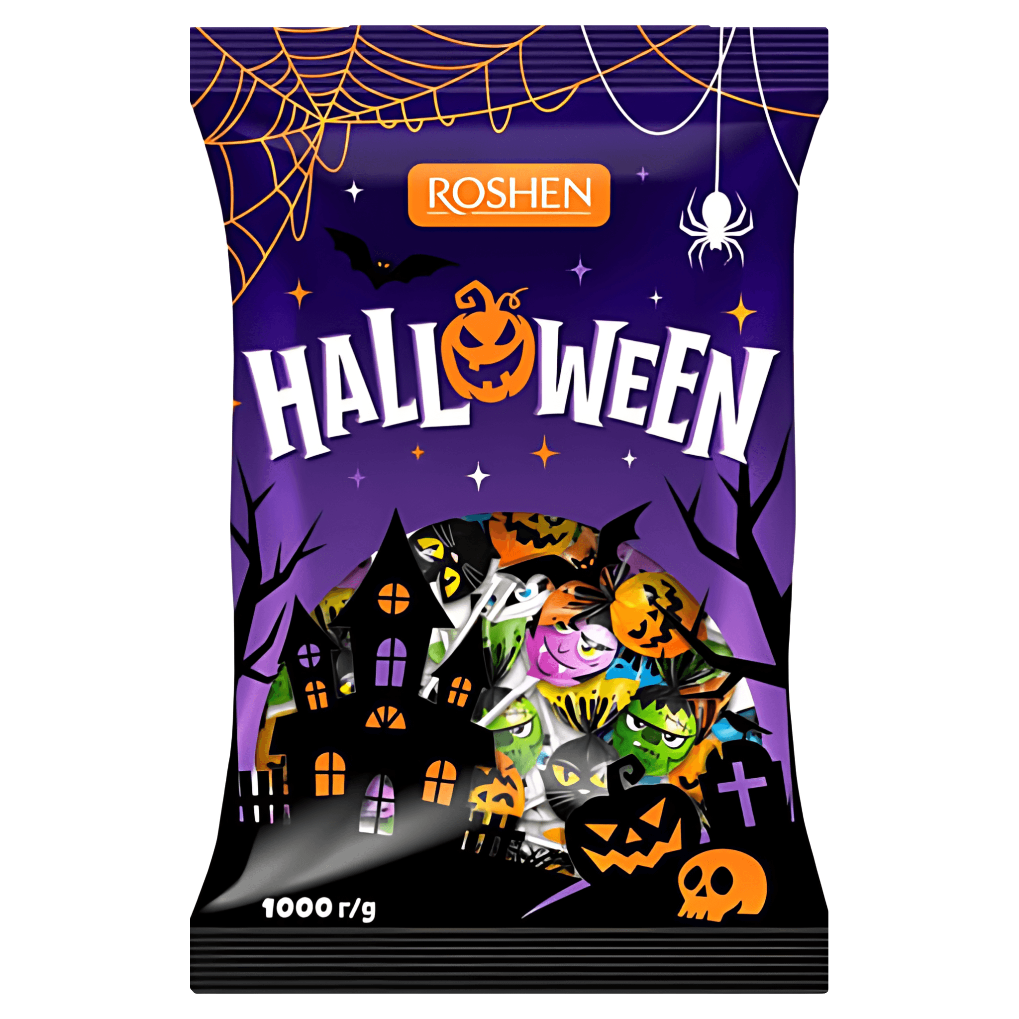 Acadele cu guma de mestecat si aroma de cola Roshen Lollipops Gum Halloween, 920 g