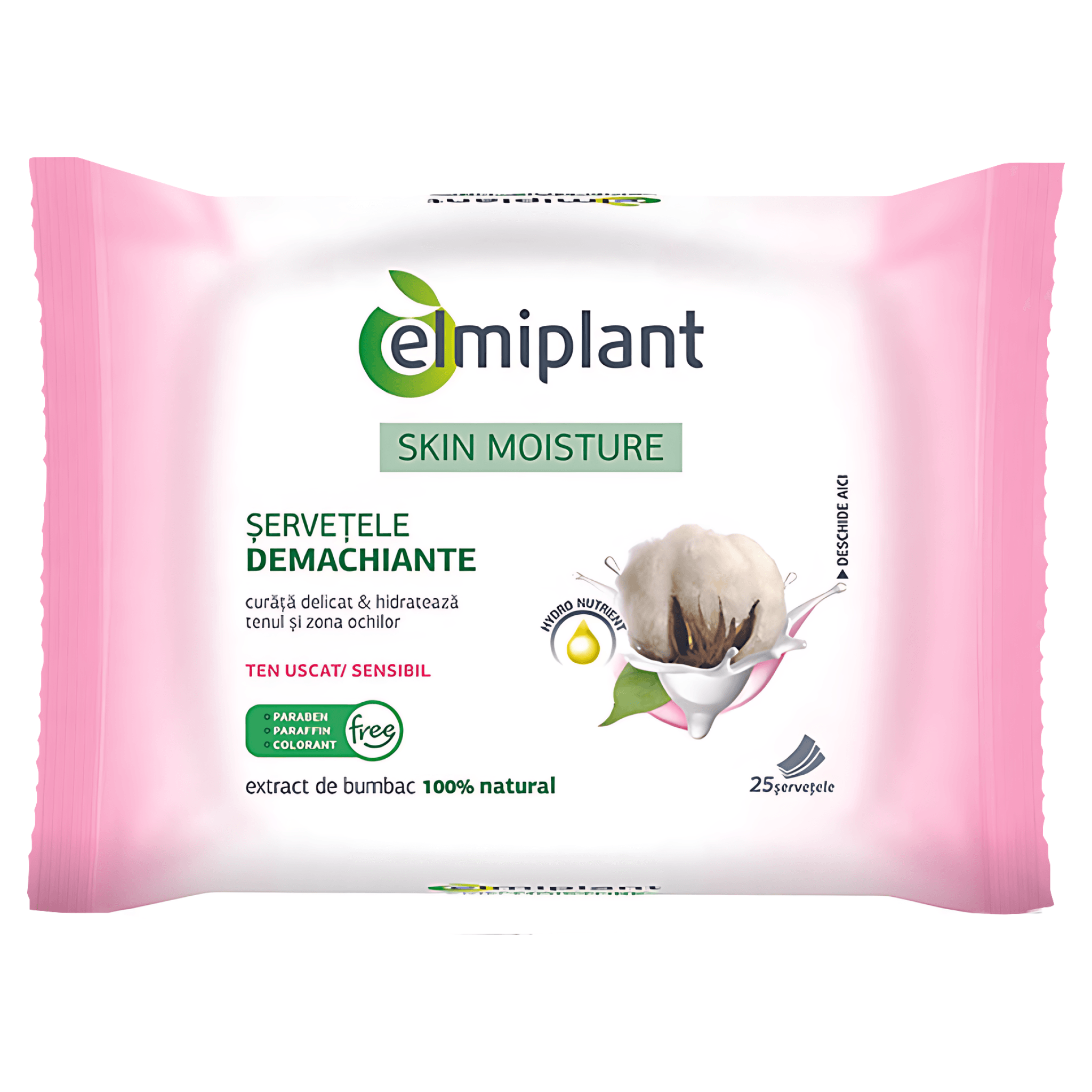 Servetele demachiante Elmiplant Skin Moisture ten uscat si sensibil, 25 bucati