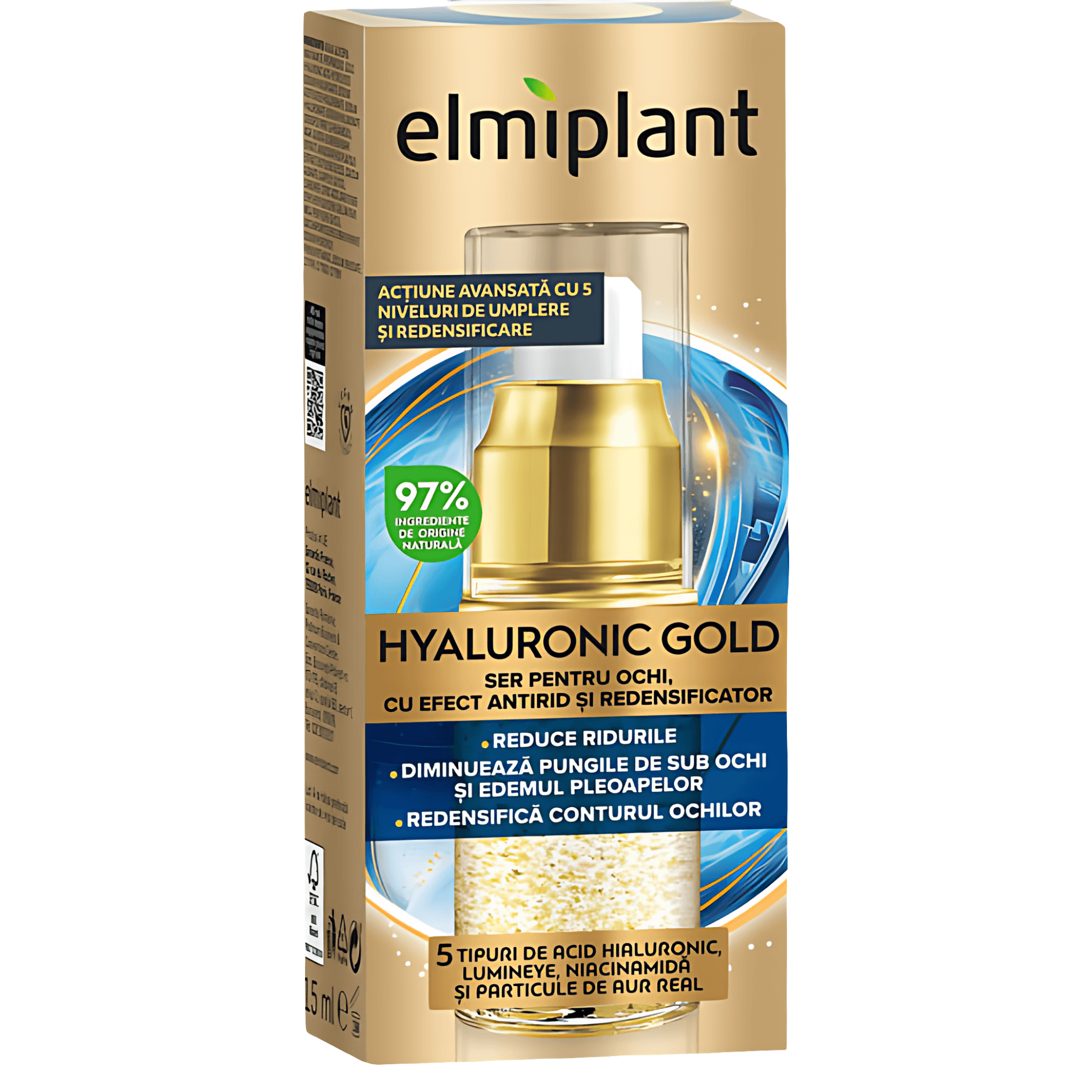 Ser antirid pentru ochi Elmiplant Hyaluronic Gold, 15 ml