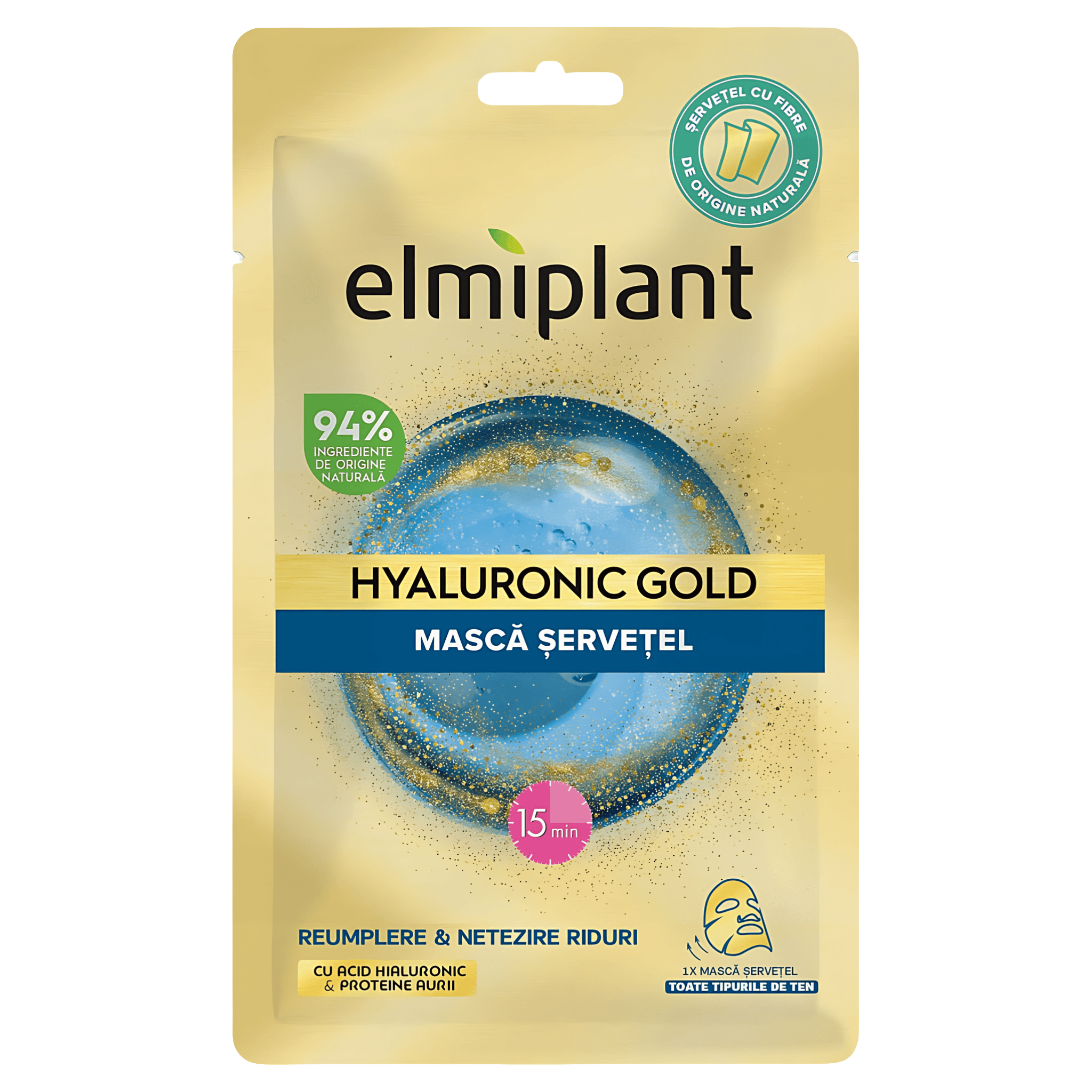 Masca servetel cu acid hialuronic si proteine aurii Elmiplant Hyaluronic Gold, 25 ml