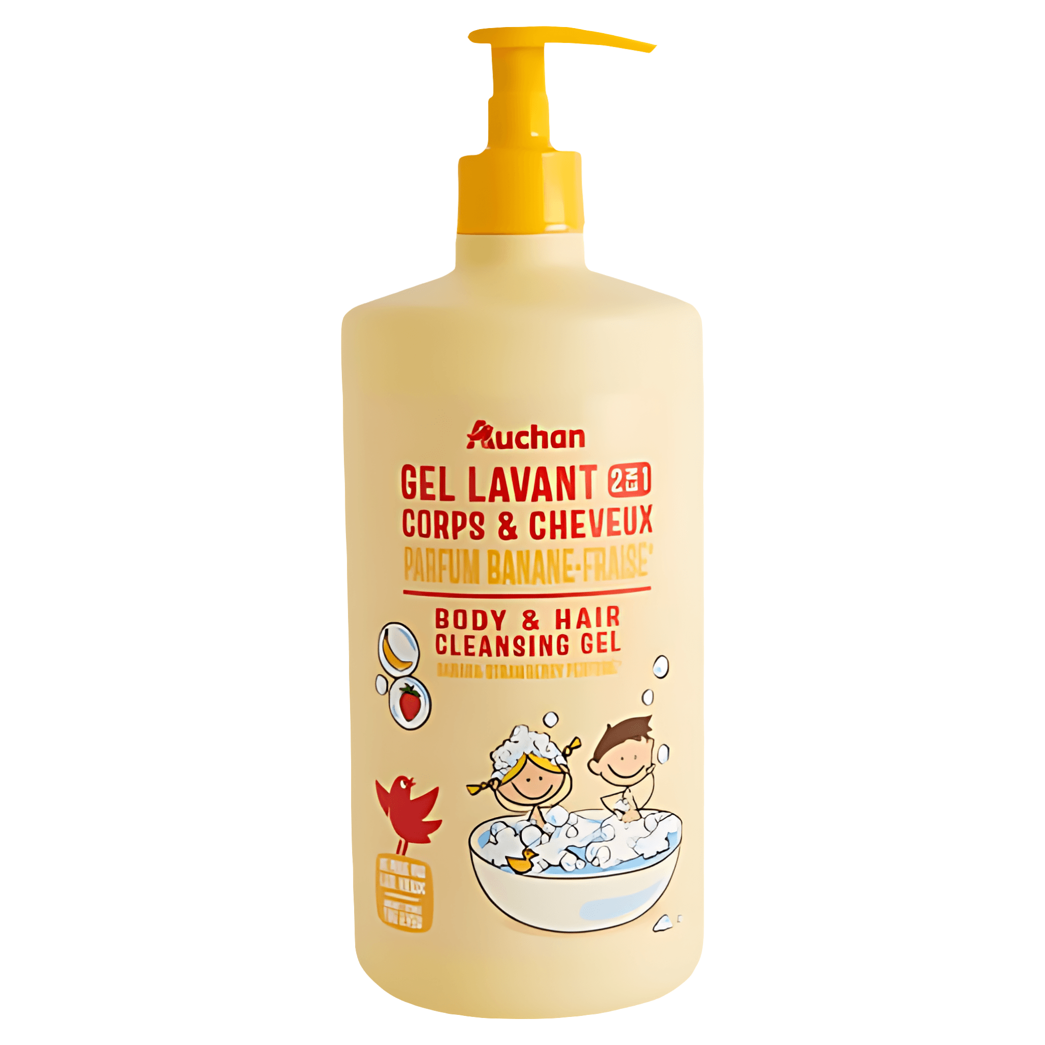 Gel de dus pentru copii Auchan, cu parfum de banane si capsuni, 750 ml