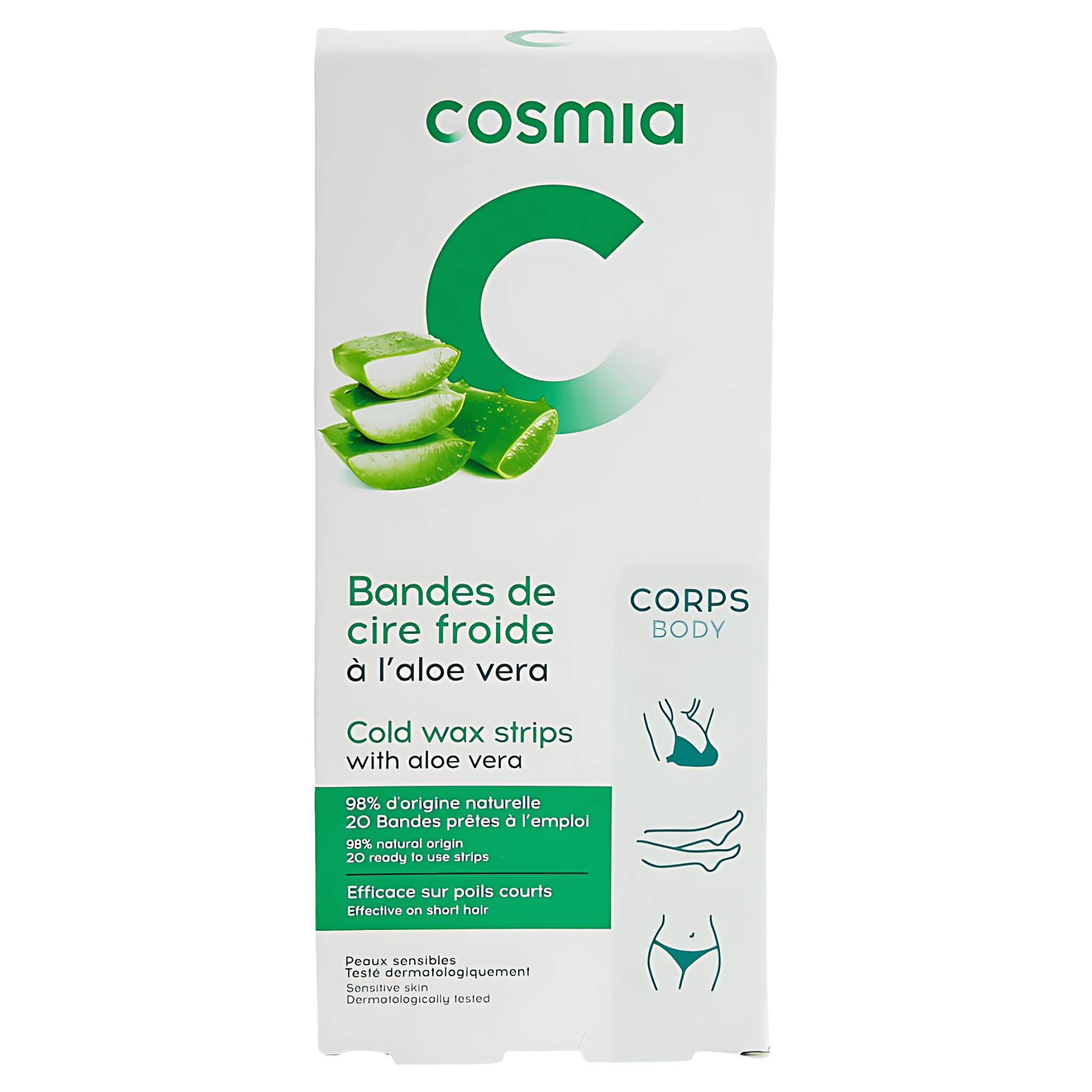 Benzi depilatoare cu ceara rece pentru corp Cosmia Aloe Vera, 20 bucati