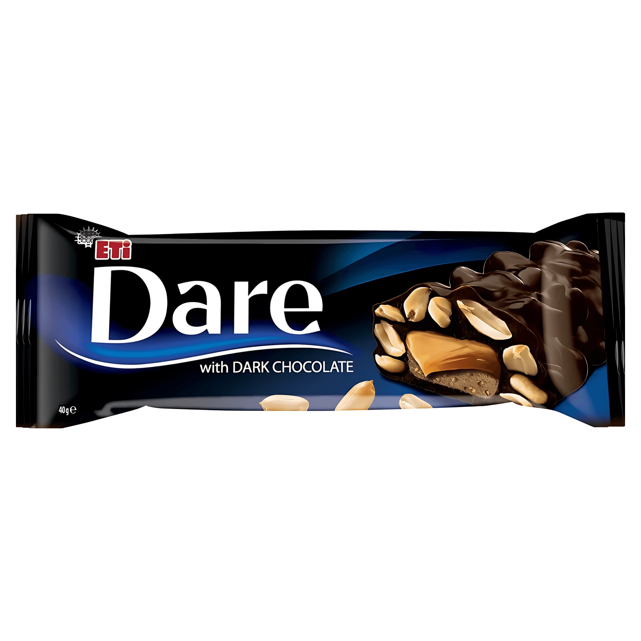 Baton cu glazura de ciocolata neagra si umplutura cu arahide si caramel Dare, 40 g